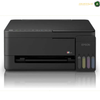 Epson EcoTank L3350 All-in-One Colour Ink Tank Printer | L3350. An Epson all-in-one ink printer in matte black, featuring a four-color tank system on the right side. The printer is shown from a front-three-quarter angle against a white background with a soft reflection underneath.