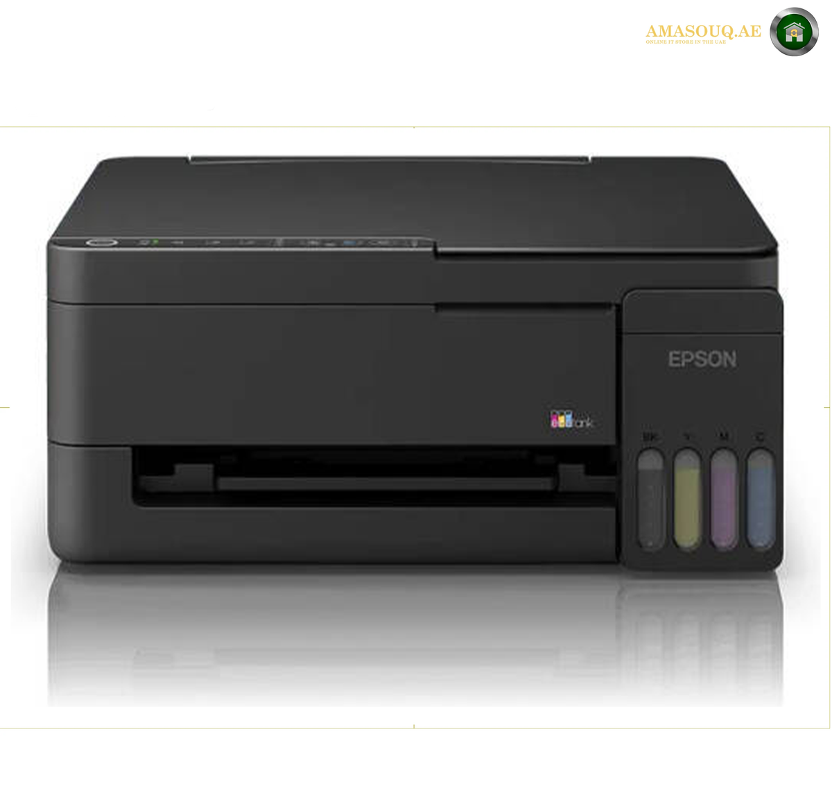 Epson EcoTank L3350 All-in-One Colour Ink Tank Printer | L3350. An Epson all-in-one ink printer in matte black, featuring a four-color tank system on the right side. The printer is shown from a front-three-quarter angle against a white background with a soft reflection underneath.
