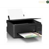 Epson EcoTank L3350 Refillable Four-Colour Ink Tanks | L3350. An Epson printer in black, shown with its lid open and a printed sheet emerging from the front. The printer is photographed on a clean white background with a subtle reflection underneath.
