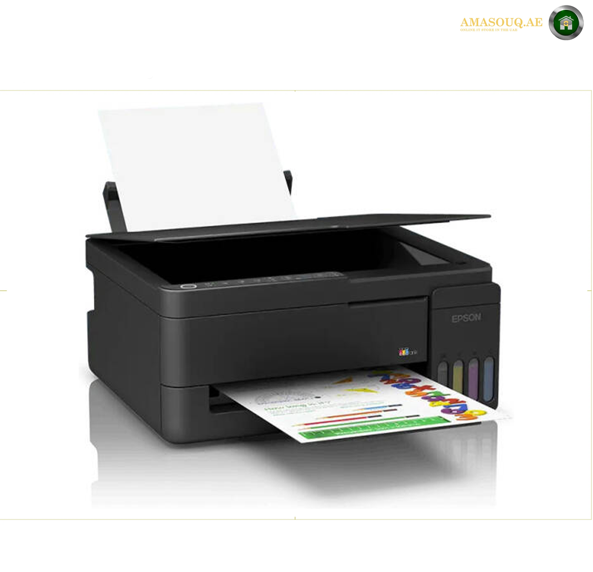 Epson EcoTank L3350 Refillable Four-Colour Ink Tanks | L3350. An Epson printer in black, shown with its lid open and a printed sheet emerging from the front. The printer is photographed on a clean white background with a subtle reflection underneath.