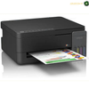 Epson EcoTank L3350 Flatbed Scanner for Document Copying | L3350. An Epson all-in-one wireless printer in matte black, shown with a colorful printed sheet emerging from its paper tray. The Epson logo is visible on the front control panel and side.