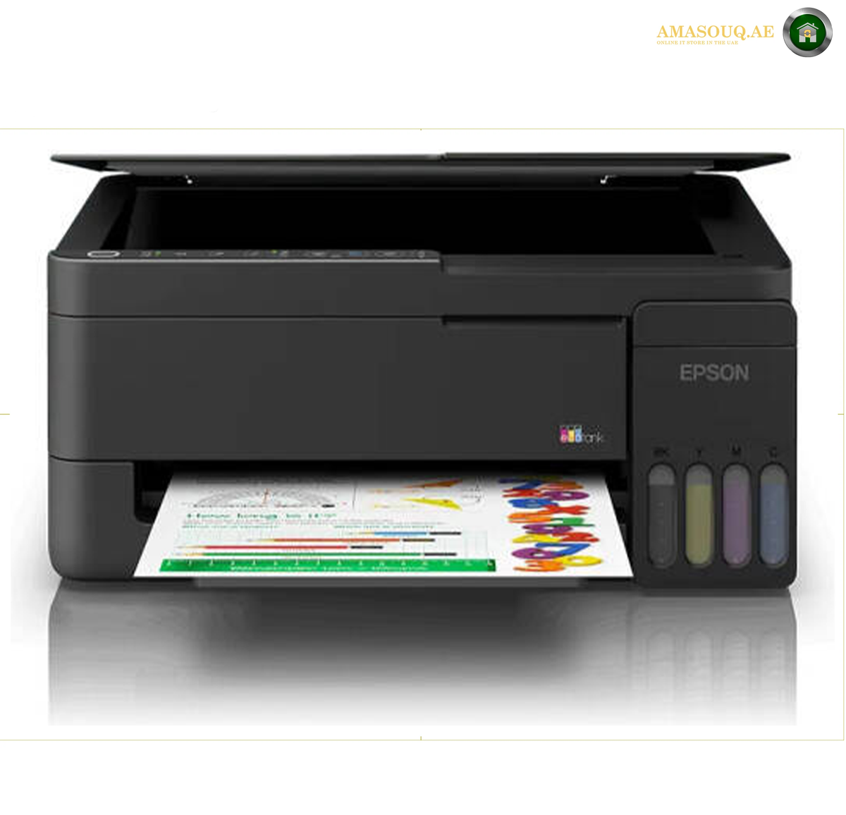 
Epson EcoTank L3350 Side View Compact Printer | L3350. An Epson printer with its lid open, showing a printed document coming out of the paper tray. The printer is black with four color indicator tanks on the front right.
