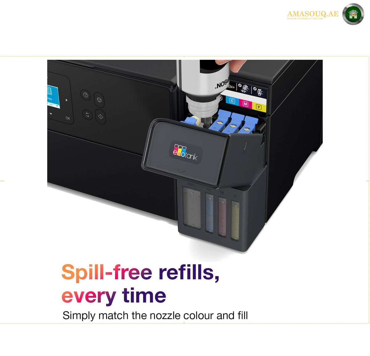 Epson EcoTank L4360 Automatic Double-Sided Printing Feature | L4360. A black Epson printer shown with a refill tray open and ink cartridges visible, with a hand holding a refilling tool above the cartridge area. Text below reads 'Spill-free refills, every time' and 'Simply match the nozzle colour and fill.