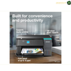 Epson EcoTank L4360 Colour LCD Control Screen | L4360. Epson all-in-one printer shown on a desk with printed papers, overlaid with marketing text highlighting duplex printing, 100-sheet paper capacity, and up to 15 ppm print speed.