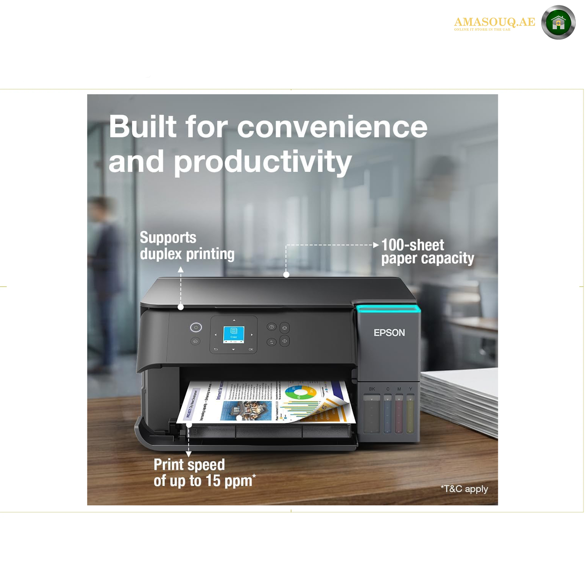 Epson EcoTank L4360 Colour LCD Control Screen | L4360. Epson all-in-one printer shown on a desk with printed papers, overlaid with marketing text highlighting duplex printing, 100-sheet paper capacity, and up to 15 ppm print speed.