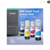 Epson EcoTank L4360 Front View Colour Multifunction Printer | L4360. EPSON high-yield ink refill bottles shown with a refill kit container on a blue promotional background. The image includes text reading 'Get more from every refill' and indicates black, gray, white, yellow, magenta, and cyan refills.