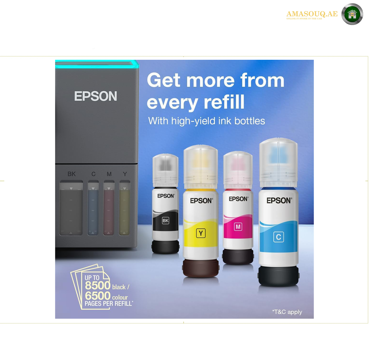 Epson EcoTank L4360 Front View Colour Multifunction Printer | L4360. EPSON high-yield ink refill bottles shown with a refill kit container on a blue promotional background. The image includes text reading 'Get more from every refill' and indicates black, gray, white, yellow, magenta, and cyan refills.