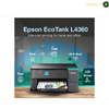 Epson EcoTank L4360 Refillable Four-Colour Ink Tank System | L4360. Epson EcoTank L4360 all-in-one printer shown on a wooden surface with a dark promotional background, feature icons for scan, copy, Wi-Fi Direct, print, and LCD screen, and the Epson brand name on the printer.