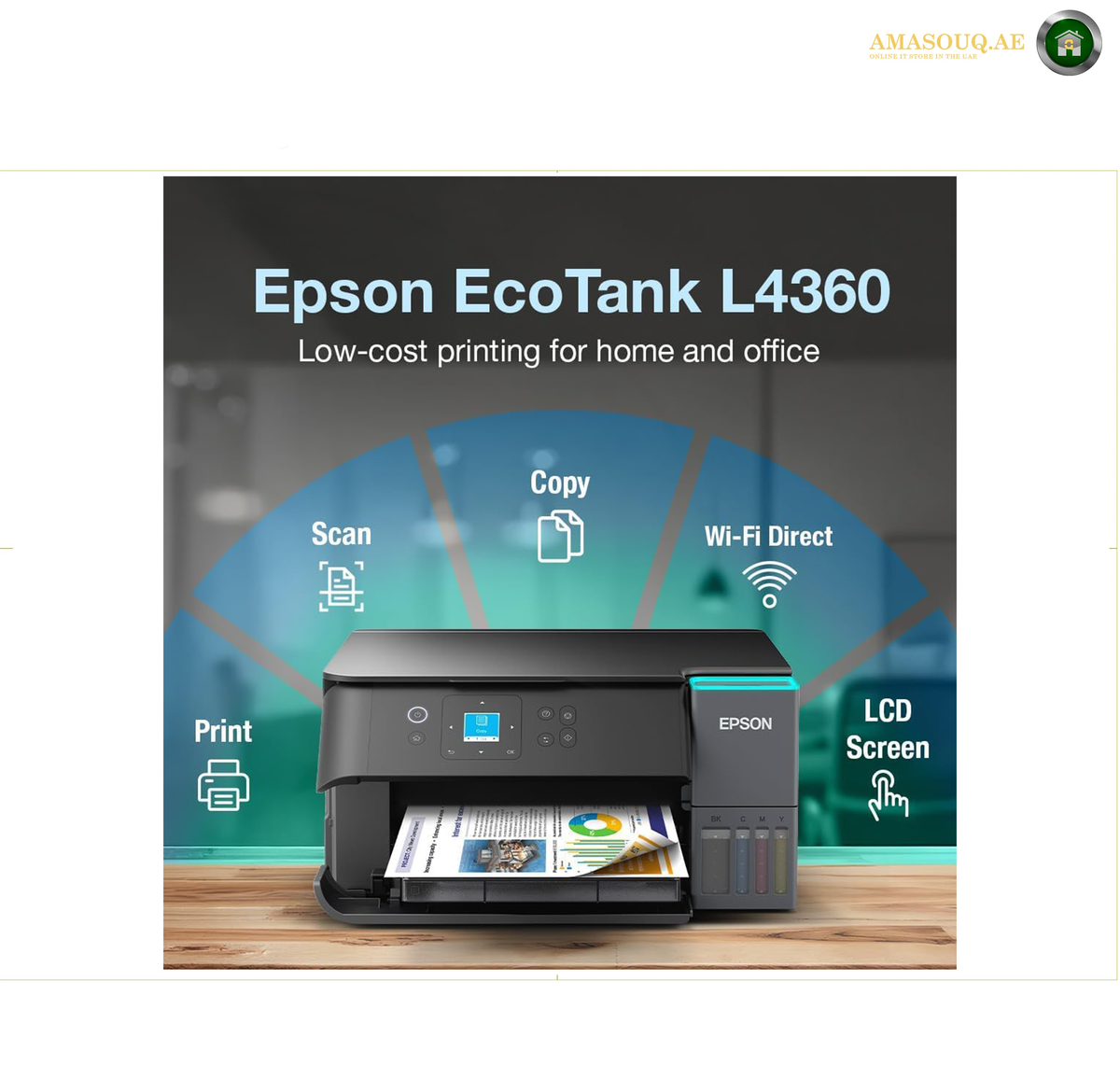 Epson EcoTank L4360 Refillable Four-Colour Ink Tank System | L4360. Epson EcoTank L4360 all-in-one printer shown on a wooden surface with a dark promotional background, feature icons for scan, copy, Wi-Fi Direct, print, and LCD screen, and the Epson brand name on the printer.