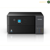 Epson EcoTank L4360 All-in-One Wi-Fi Ink Tank Printer | L4360. An Epson printer in matte black, featuring a small color display screen on the front control panel and four color indicator windows on the right side, set against a clean white background with a subtle reflection.