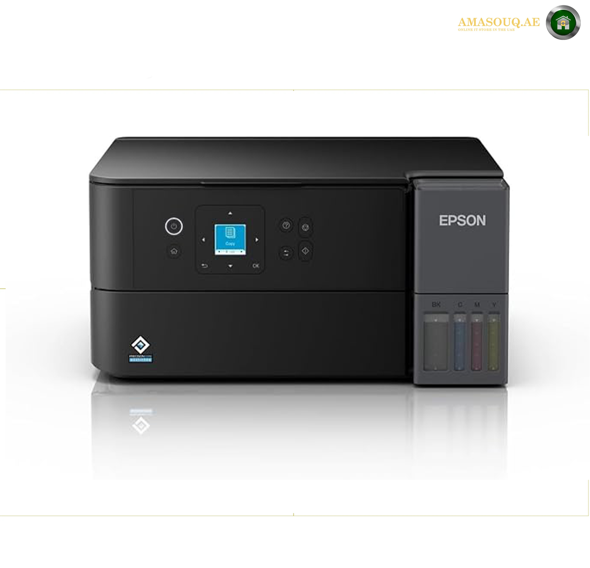 Epson EcoTank L4360 All-in-One Wi-Fi Ink Tank Printer | L4360. An Epson printer in matte black, featuring a small color display screen on the front control panel and four color indicator windows on the right side, set against a clean white background with a subtle reflection.