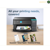 Epson EcoTank L4360 Compact Wireless Ink Tank Printer Side View | L4360. Epson all-in-one printer shown on a light wood desk with printed documents and sample photos in front, under the headline 'All your printing needs, covered.'.