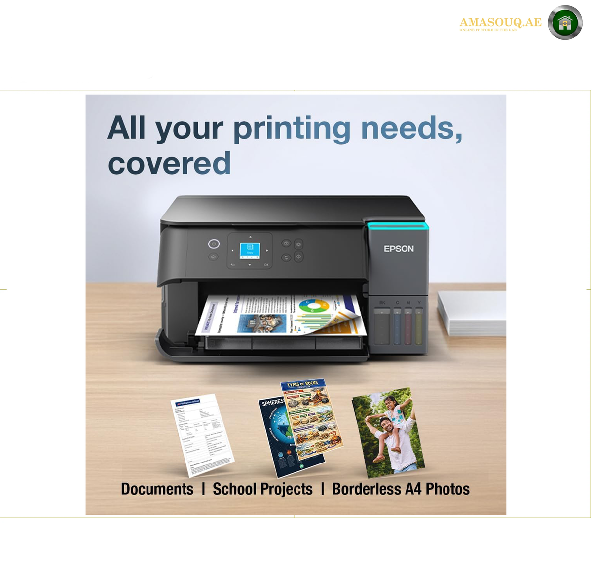 Epson EcoTank L4360 Compact Wireless Ink Tank Printer Side View | L4360. Epson all-in-one printer shown on a light wood desk with printed documents and sample photos in front, under the headline 'All your printing needs, covered.'.