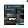 Epson EcoTank L4360 Wi-Fi Direct and Mobile Printing | L4360. Epson all-in-one printer shown on a desk in a home office setting, with dimensions labeled: 347 mm height, 375 mm width, and 187 mm depth. The printer is black with a cyan accent strip and a small blue display screen.