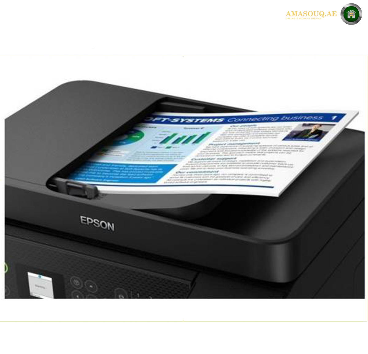Epson EcoTank L5290 Automatic Document Feeder ADF | L5290. An Epson printer shown in a clean studio-style product shot, with a printed document being fed from the top scan tray. The Epson brand name is visible on the front of the device.