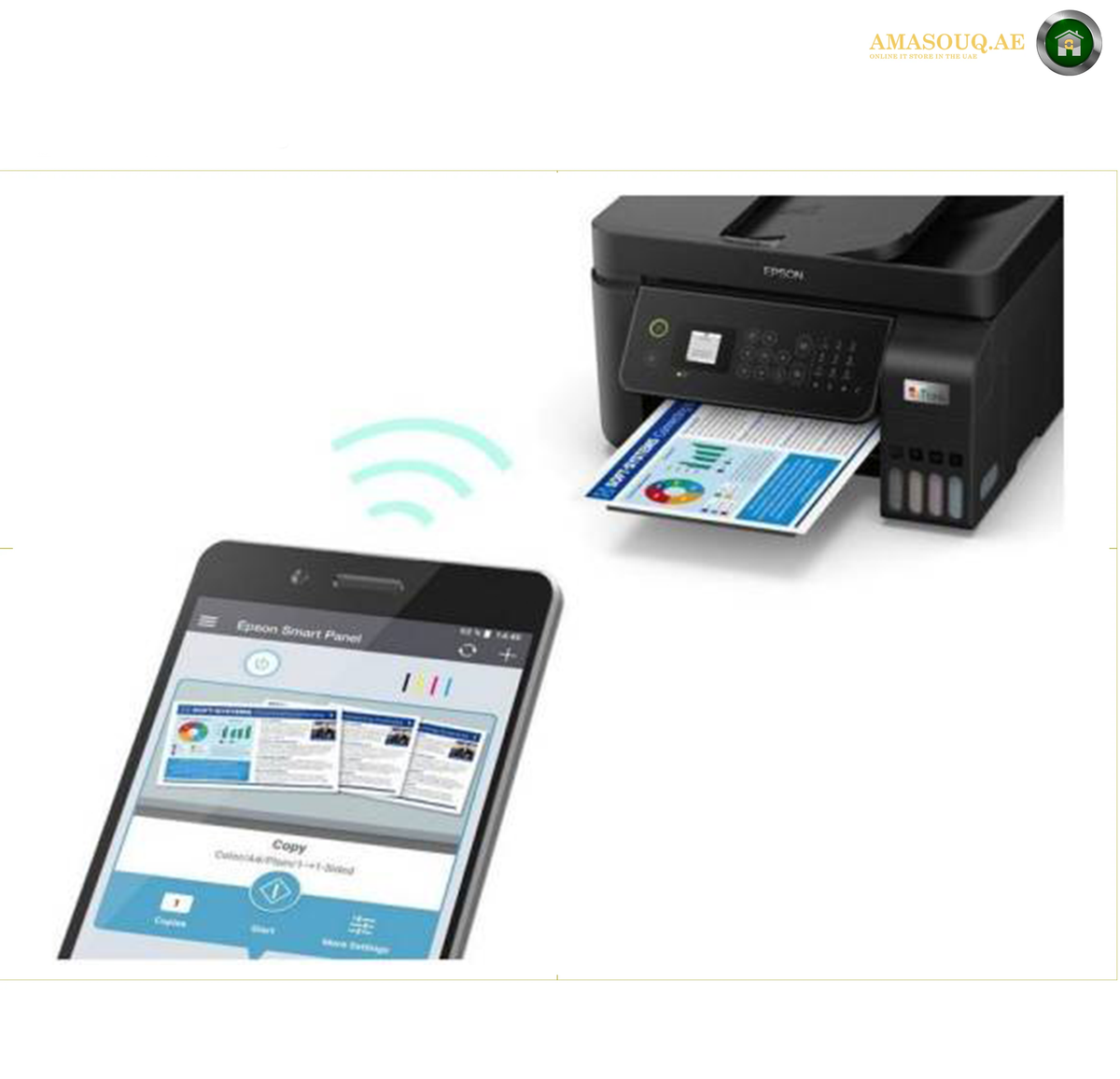 
Epson EcoTank L5290 Colour LCD Control Panel | L5290. A black Epson printer with a paper tray inserted and a smartphone showing a connected mobile app interface, with wireless signal lines between them on a white background.