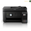 Epson EcoTank L5290 Front View Colour Printer | L5290. An Epson all-in-one wireless printer in black, featuring a digital control panel, paper tray, and a side-mounted ink tank compartment with four color indicator windows.