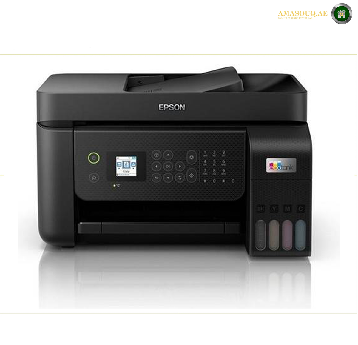 Epson EcoTank L5290 Front View Colour Printer | L5290. An Epson all-in-one wireless printer in black, featuring a digital control panel, paper tray, and a side-mounted ink tank compartment with four color indicator windows.