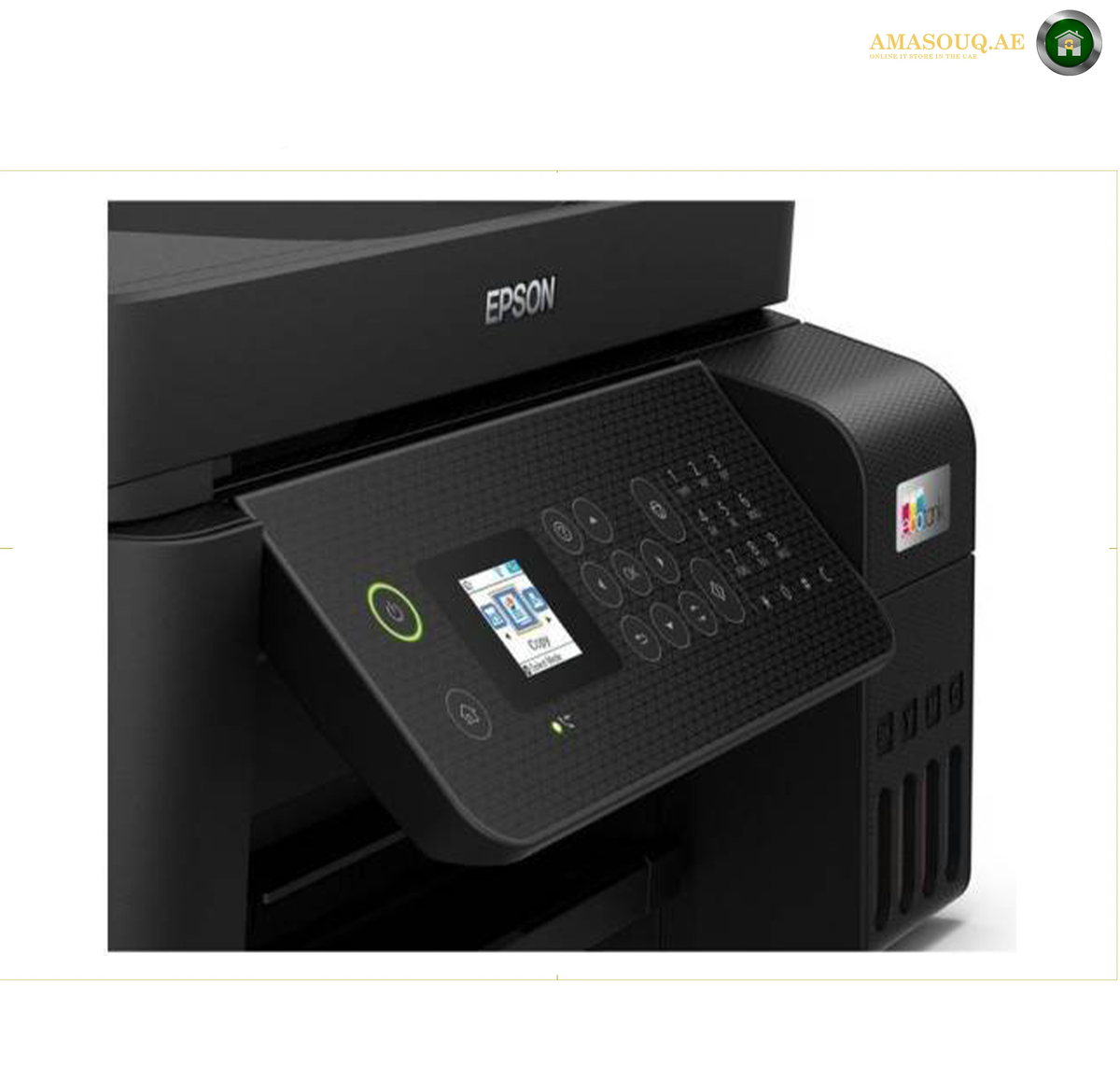Epson EcoTank L5290 Refillable Ink Tank System | L5290. Epson all-in-one wireless printer in black, featuring a digital touch control panel with a small screen and buttons, shown against a white background.