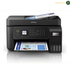Epson EcoTank L5290 All-in-One Ink Tank Printer | L5290. An Epson all-in-one wireless printer in black, shown with a paper tray open and printed documents being fed out. The printer features a digital control panel with a small LCD screen and a side panel with four ink tank compartments.