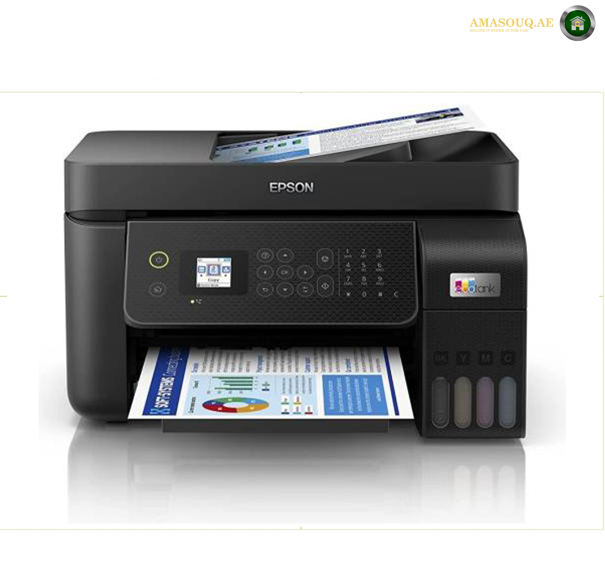 Epson EcoTank L5290 All-in-One Ink Tank Printer | L5290. An Epson all-in-one wireless printer in black, shown with a paper tray open and printed documents being fed out. The printer features a digital control panel with a small LCD screen and a side panel with four ink tank compartments.