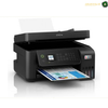 
Epson EcoTank L5290 Side View Ink Tank Printer | L5290. An Epson all-in-one wireless printer in black, shown with its lid open and a printed page emerging from the output tray. The printer is photographed on a clean white background with a subtle reflection underneath.
