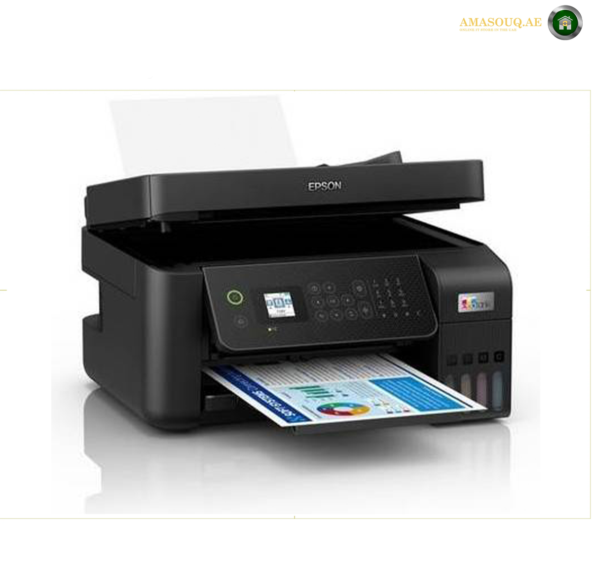 
Epson EcoTank L5290 Side View Ink Tank Printer | L5290. An Epson all-in-one wireless printer in black, shown with its lid open and a printed page emerging from the output tray. The printer is photographed on a clean white background with a subtle reflection underneath.