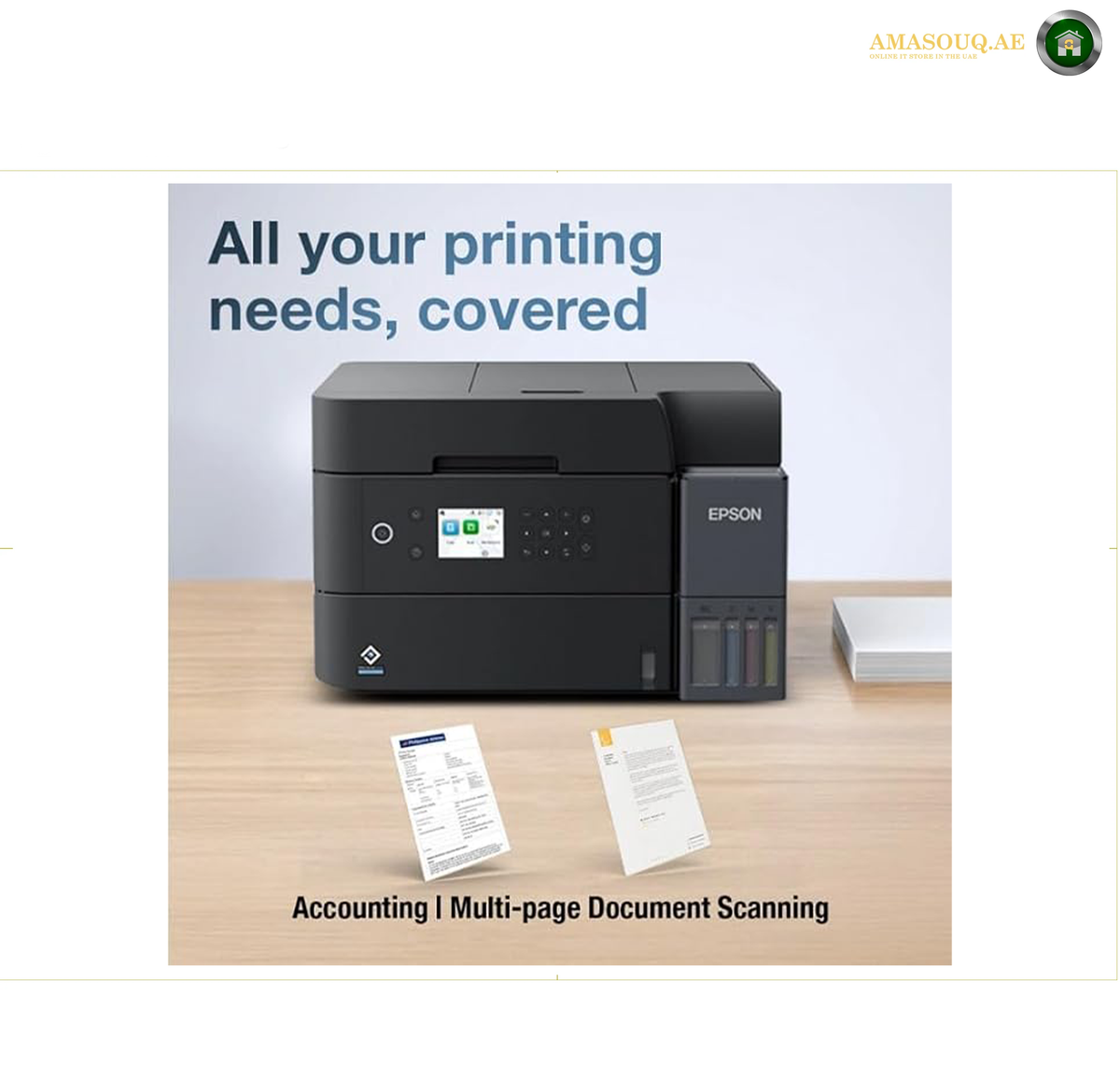 Epson EcoTank L6370 Automatic Document Feeder and Scanner | L6370An Epson printer shown on a light wood desk with two paper documents in front, under the text 'All your printing needs, covered' and 'Accounting | Multi-page Document Scanning'. 