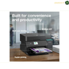 Epson EcoTank L6370 Automatic Double-Sided Printing Feature | L6370. An Epson multifunction printer shown on a desk with callout labels highlighting features such as multi-user sharing, 30-sheet ADF, fast first page out, duplex printing, and built-in convenience and productivity. The Epson brand name is visible on the printer.