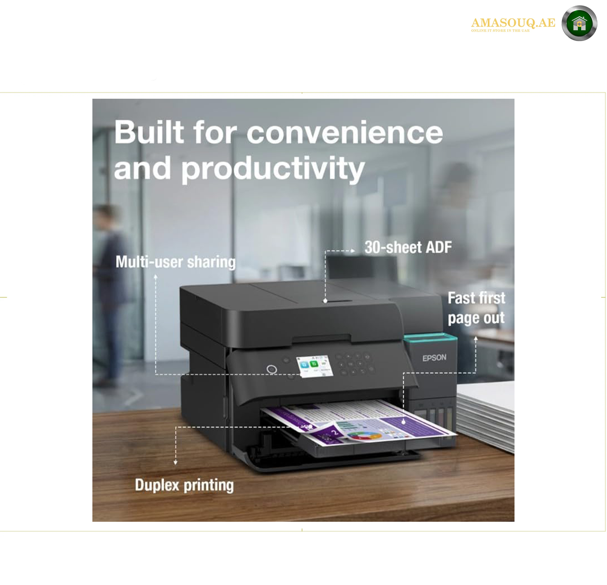 Epson EcoTank L6370 Automatic Double-Sided Printing Feature | L6370. An Epson multifunction printer shown on a desk with callout labels highlighting features such as multi-user sharing, 30-sheet ADF, fast first page out, duplex printing, and built-in convenience and productivity. The Epson brand name is visible on the printer.