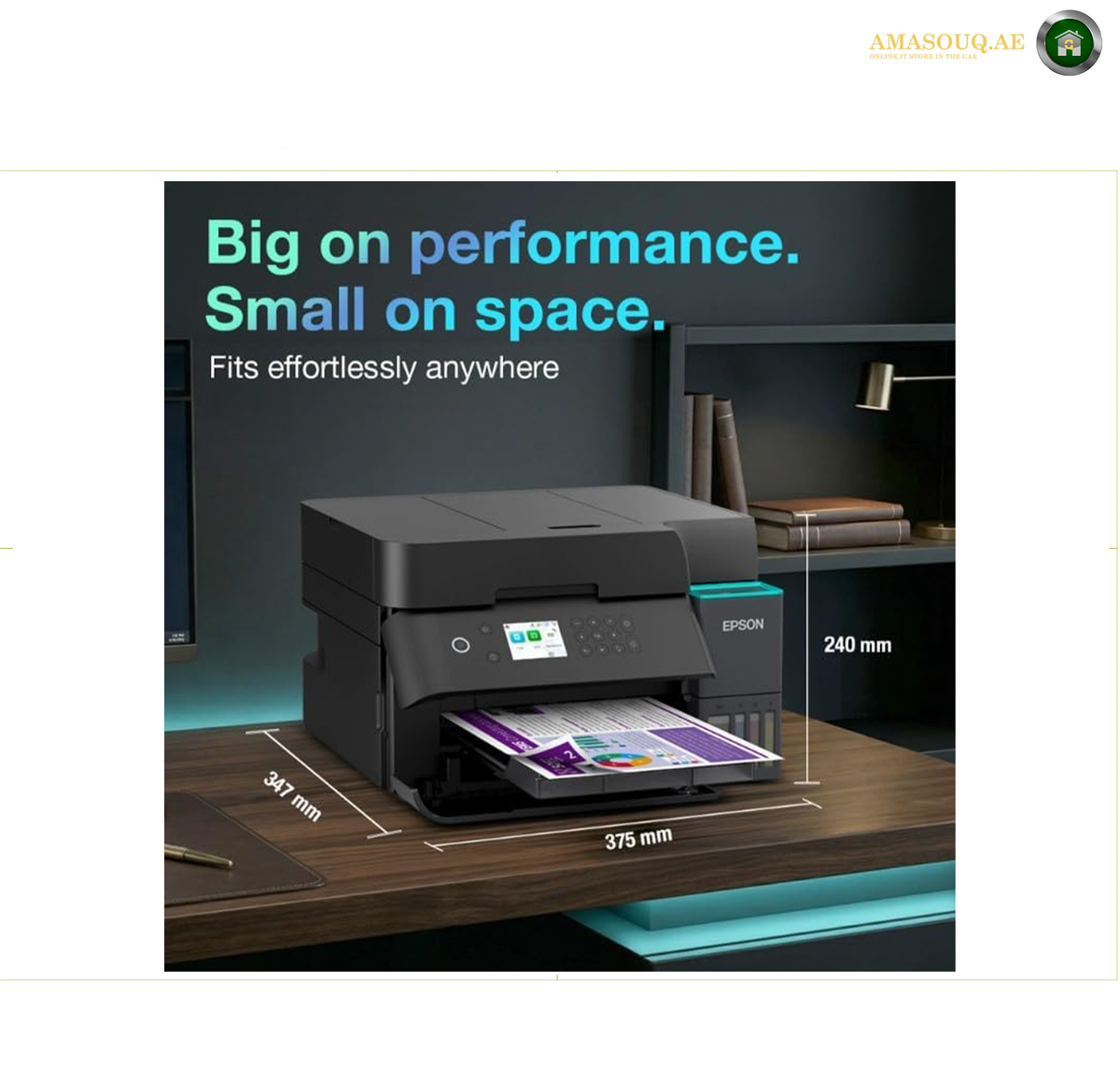 Epson EcoTank L6370 Colour LCD Control Panel | L6370An Epson all-in-one printer shown on a desk in a modern office setting, with dimensions labeled as 347 mm by 375 mm by 240 mm. The image includes marketing text 'Big on performance. 