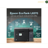 Epson EcoTank L6370 Front View Business Wi-Fi Printer | L6370. Epson EcoTank L6370 all-in-one printer shown on a wooden surface with a dark promotional background, feature icons for copy, scan, print, duplex, ADF, Wi-Fi Direct, and Ethernet, and the Epson branding visible on the device.