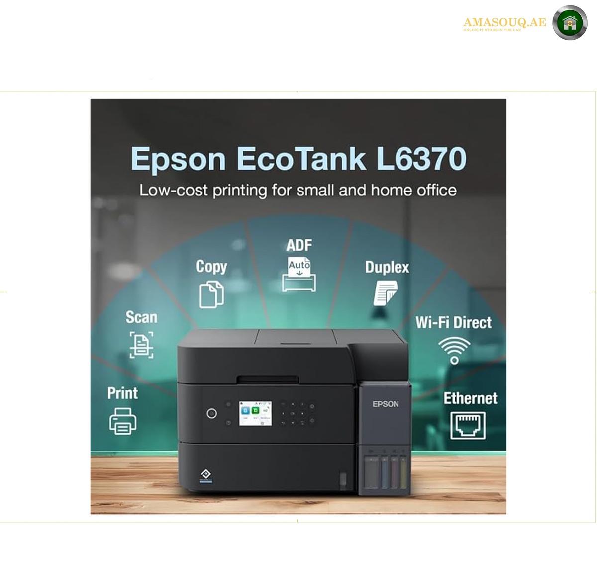 Epson EcoTank L6370 Front View Business Wi-Fi Printer | L6370. Epson EcoTank L6370 all-in-one printer shown on a wooden surface with a dark promotional background, feature icons for copy, scan, print, duplex, ADF, Wi-Fi Direct, and Ethernet, and the Epson branding visible on the device.