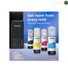 Epson EcoTank L6370 Refillable Four-Colour Ink Tank System | L6370. EPSON ink refill set advertisement showing a black refill box with four ink bottles in black, yellow, magenta, and cyan, with promotional text on a blue gradient background.