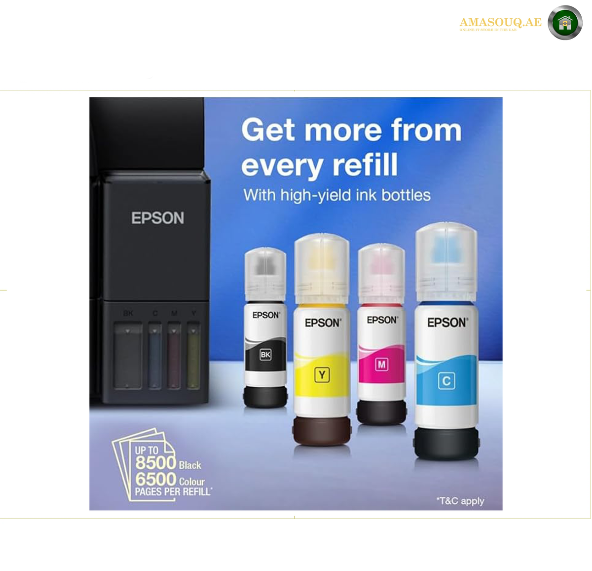Epson EcoTank L6370 Refillable Four-Colour Ink Tank System | L6370. EPSON ink refill set advertisement showing a black refill box with four ink bottles in black, yellow, magenta, and cyan, with promotional text on a blue gradient background.