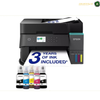 Epson EcoTank L6370 Business All-in-One Ink Tank Printer | L6370. An Epson printer shown from the front on a white background, with a printed sheet emerging from the paper tray and four ink tanks visible on the right side.