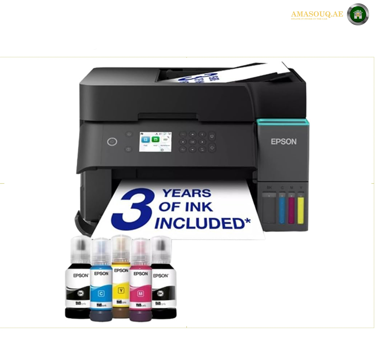 Epson EcoTank L6370 Business All-in-One Ink Tank Printer | L6370. An Epson printer shown from the front on a white background, with a printed sheet emerging from the paper tray and four ink tanks visible on the right side.