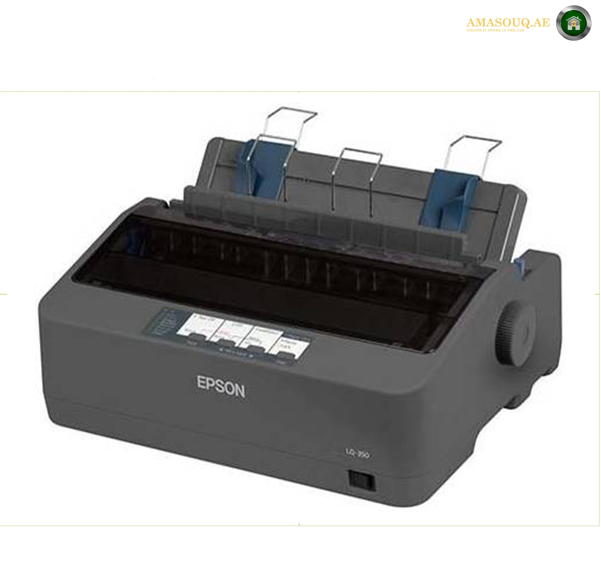 Epson LQ-350 80-Column Impact Printer for Business | LQ-350.An Epson LQ-990 dot matrix printer in dark gray with blue paper guides, shown with its top cover open on a white background.