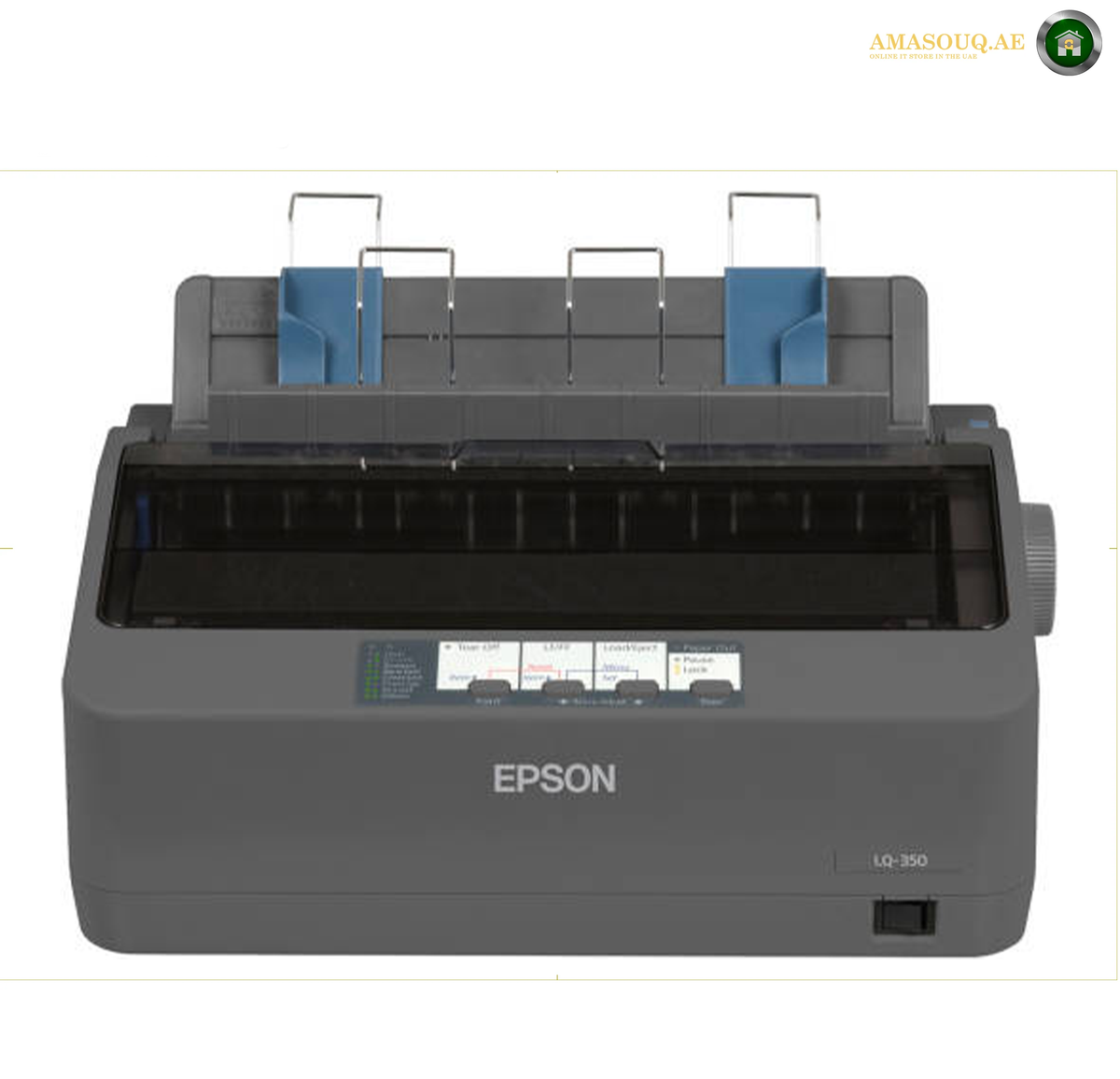 Epson LQ-350 24-Pin Dot Matrix Printer Front View | LQ-350. An Epson LC-950 dot matrix printer in dark gray with blue paper guides, shown from a front-facing perspective on a white background.
