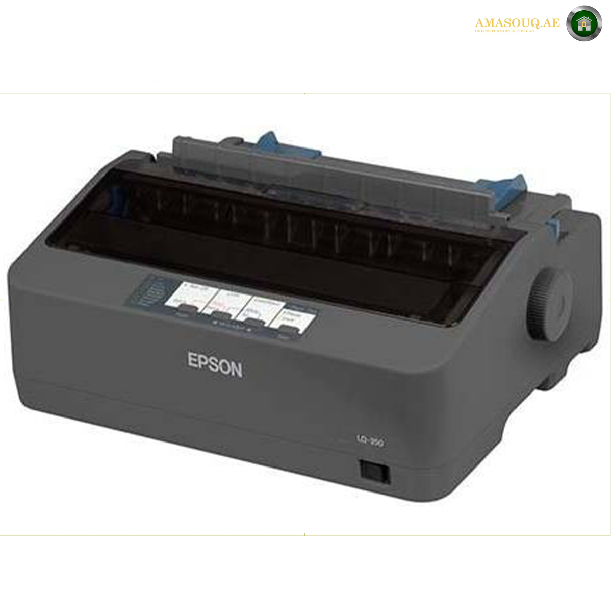 Epson LQ-350 Compact Dot Matrix Printer Side View | LQ-350. An Epson LD-2500 dot matrix printer in dark gray, shown from a three-quarters angle with its paper tray open, on a white background.