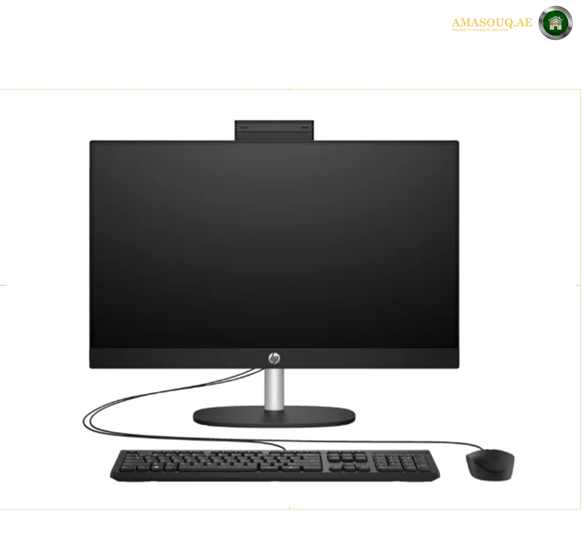 HP All-in-One 24-cr0300nh Jet Black front view | B59U8EA#BH5. A black all-in-one desktop computer with a thin bezel, silver stand, matching black keyboard, and mouse on a white background. An HP logo is visible at the bottom center of the monitor.