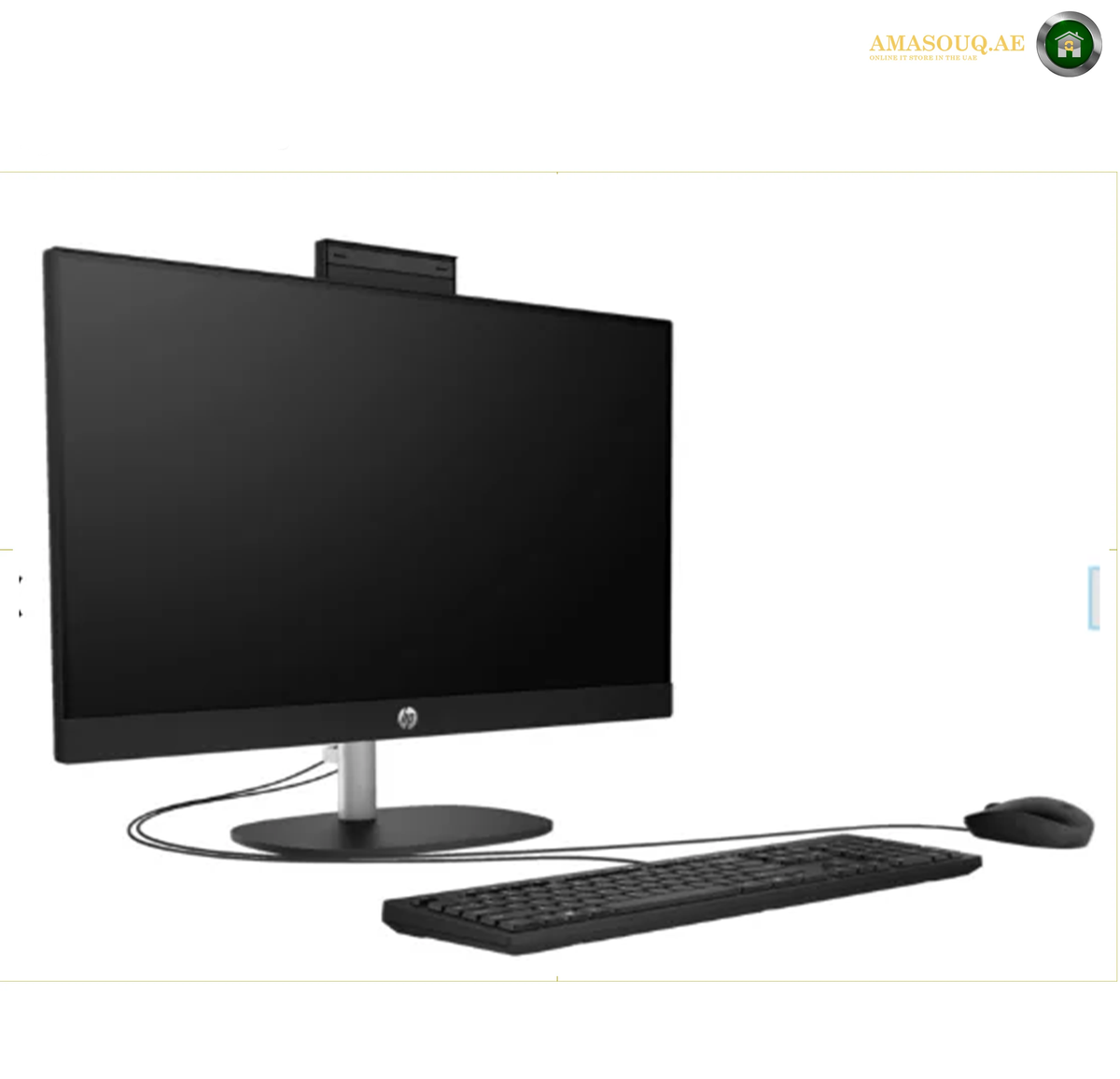 HP 24-cr0300nh All-in-One Desktop side view | B59U8EA#BH5. A white all-in-one desktop computer with a large monitor, keyboard, and mouse on a plain white background. The monitor displays a blue-themed desktop interface, and a small logo is visible at the bottom center of the bezel.