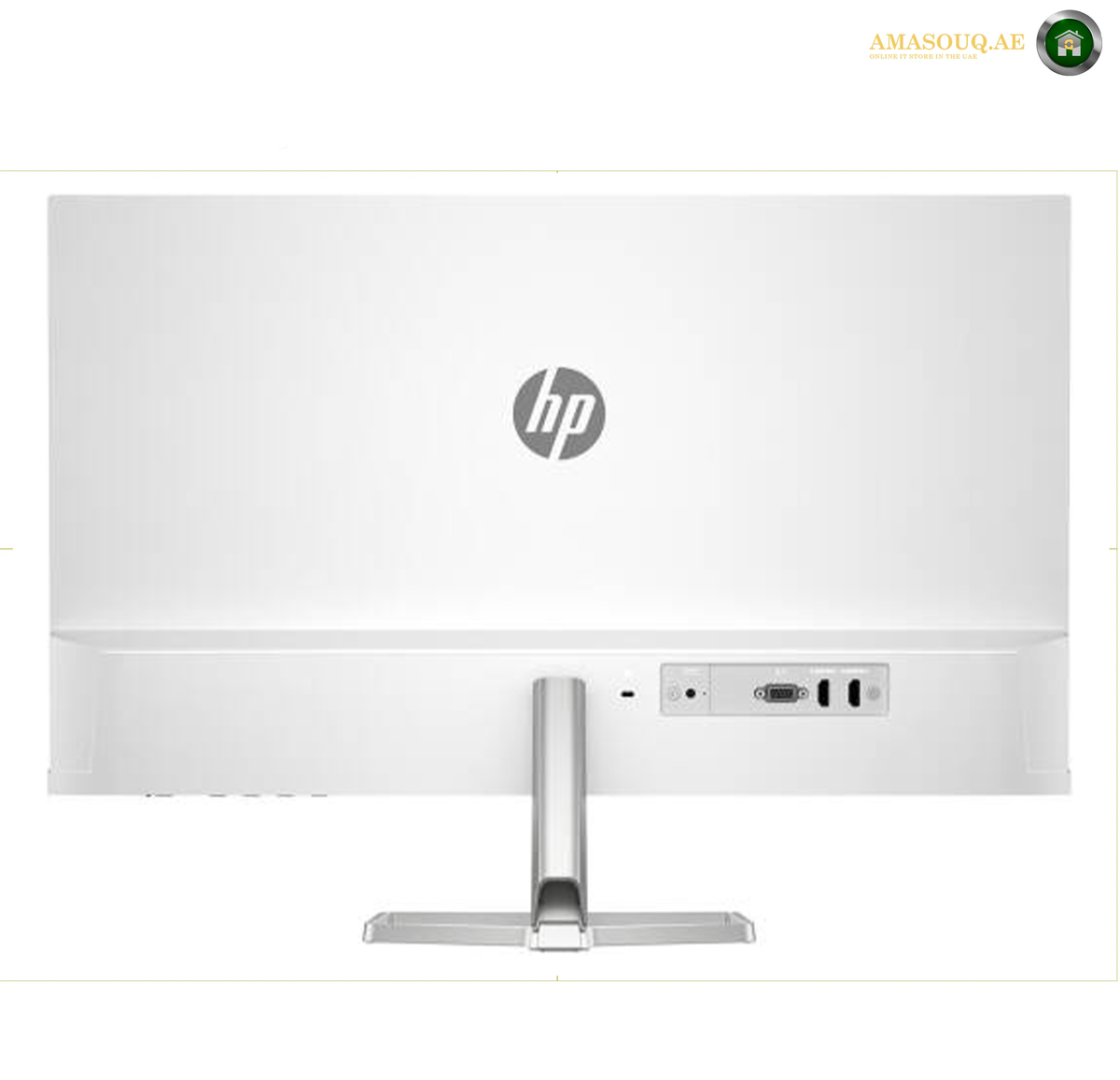 HP 527sa 100Hz Full HD IPS display for smooth viewing. HP all-in-one desktop computer shown from the back, featuring a white chassis, a central HP logo, and a silver stand on a white background.