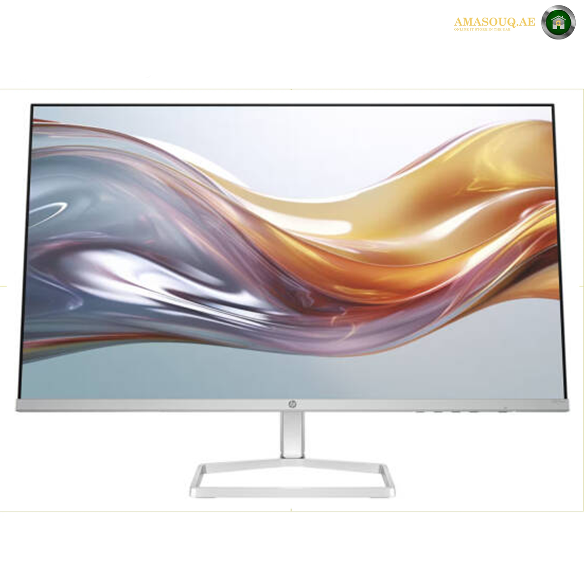 HP Series 5 527sa monitor with integrated dual speakers. A modern computer monitor with a slim silver stand, displaying a colorful abstract wavy wallpaper on its screen, set against a plain white background.
