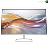 HP 527sf 27-inch Full HD IPS LED monitor front view. A silver HP laptop shown open at an angle on a plain white background, with the screen displaying a blue and green abstract wallpaper. The HP logo is visible on the center of the screen bezel.