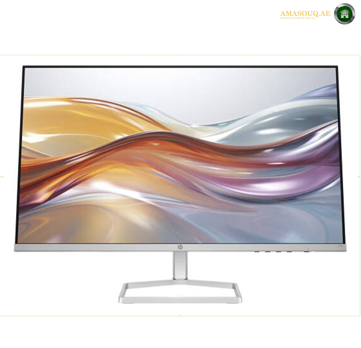 HP 527sf 27-inch Full HD IPS LED monitor front view. A silver HP laptop shown open at an angle on a plain white background, with the screen displaying a blue and green abstract wallpaper. The HP logo is visible on the center of the screen bezel.