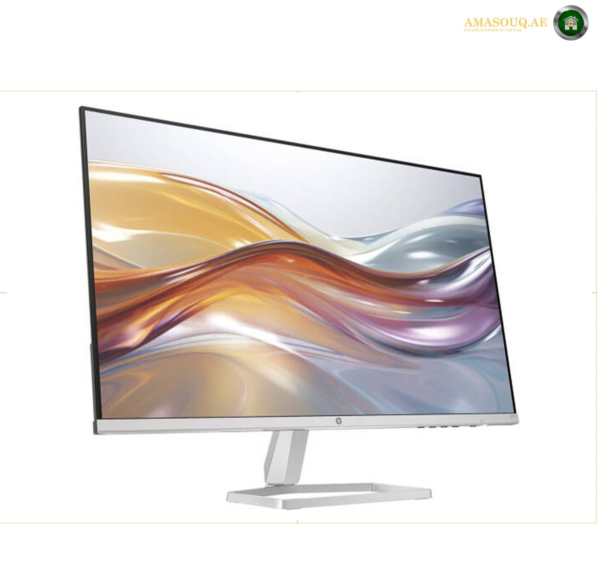 HP Series 5 527sf 27-inch IPS display with Full HD resolutionA silver HP laptop with its screen open, displaying a blue and green abstract wallpaper. The laptop is centered on a white background with a small 'AMASOUQ. 