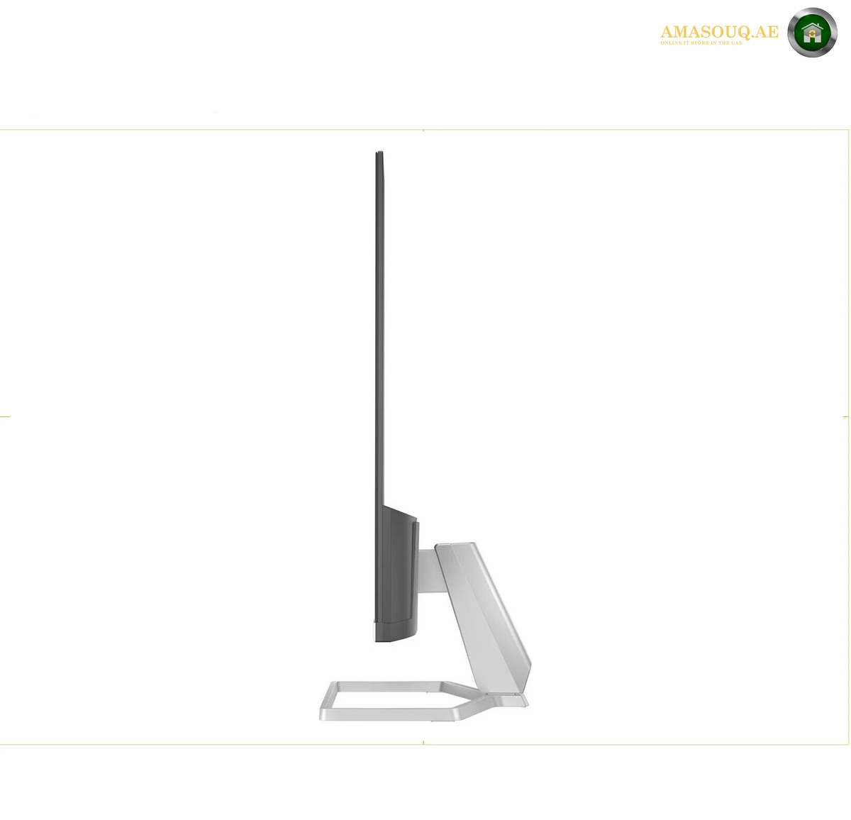 HP 527sf monitor with 99% sRGB colour coverage. A silver HP laptop shown closed from the back, centered on a plain white background with an AMASOUQAE watermark in the top right corner.