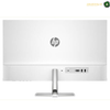 HP 527sw 100Hz Full HD monitor for smooth everyday viewing. HP all-in-one desktop computer shown from the back, featuring a white chassis, a central HP logo, and a silver stand on a white background.