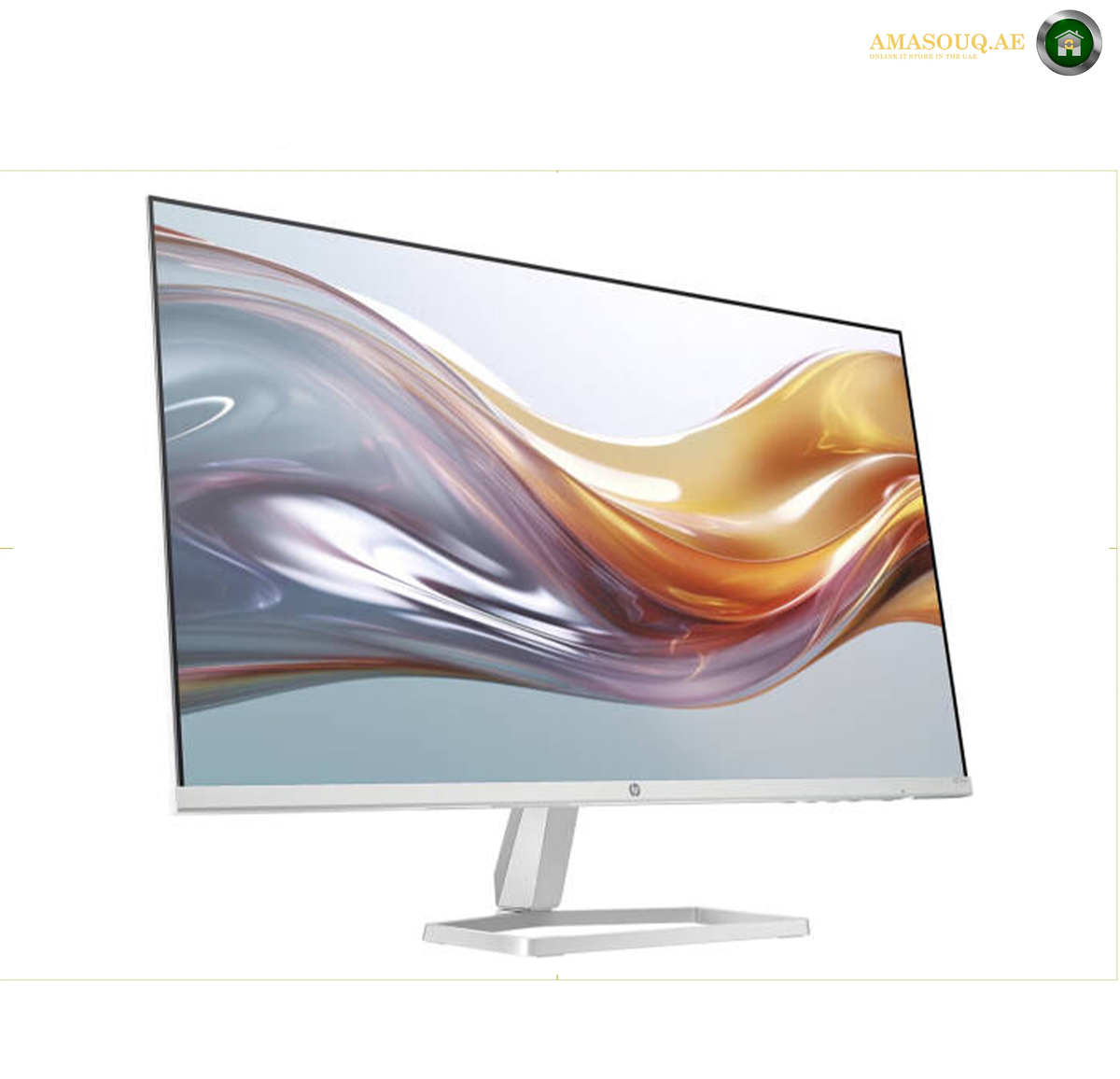 

HP Series 5 527sw 27-inch FHD IPS display with vibrant colours. A modern curved computer monitor with a slim white stand, displaying a colorful abstract wave wallpaper. The monitor is shown at a three-quarter angle against a plain white background.